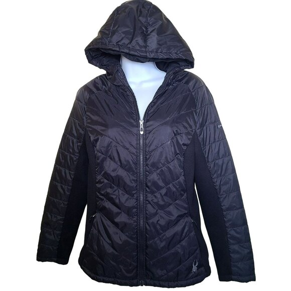 SPYDER Womens MED Full Zip Insulated Hooded Hybrid Quilted Puffer Jacket Black - Picture 1 of 11